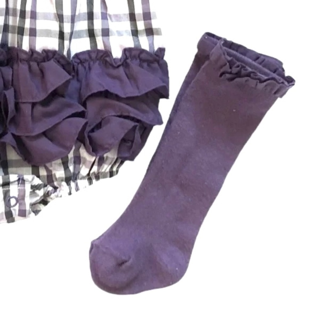 Ruffle Butts Kingsley Purple & Gray Plaid Bubble Romper & Knee Socks Girls  3-6 - Picture 4 of 5